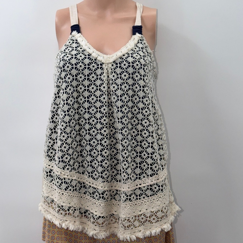 Jolt Medium Crochet Lace Tank Top Boho Festival Cottagecore Cream Navy 962